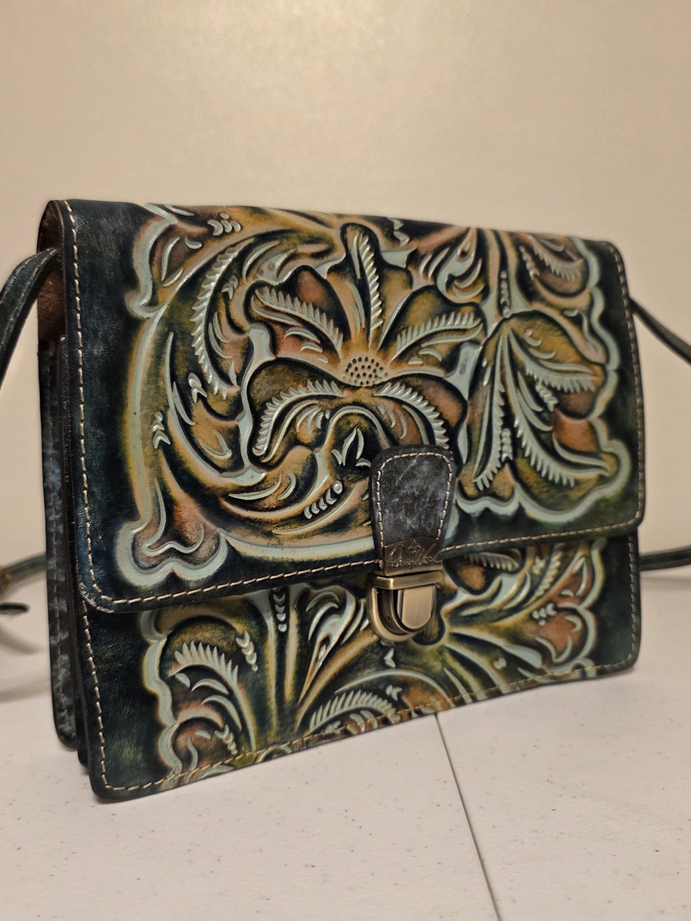 Patricia Nash Hand-Tooled Floral Leather Crossbody Bag in Teal and Brown